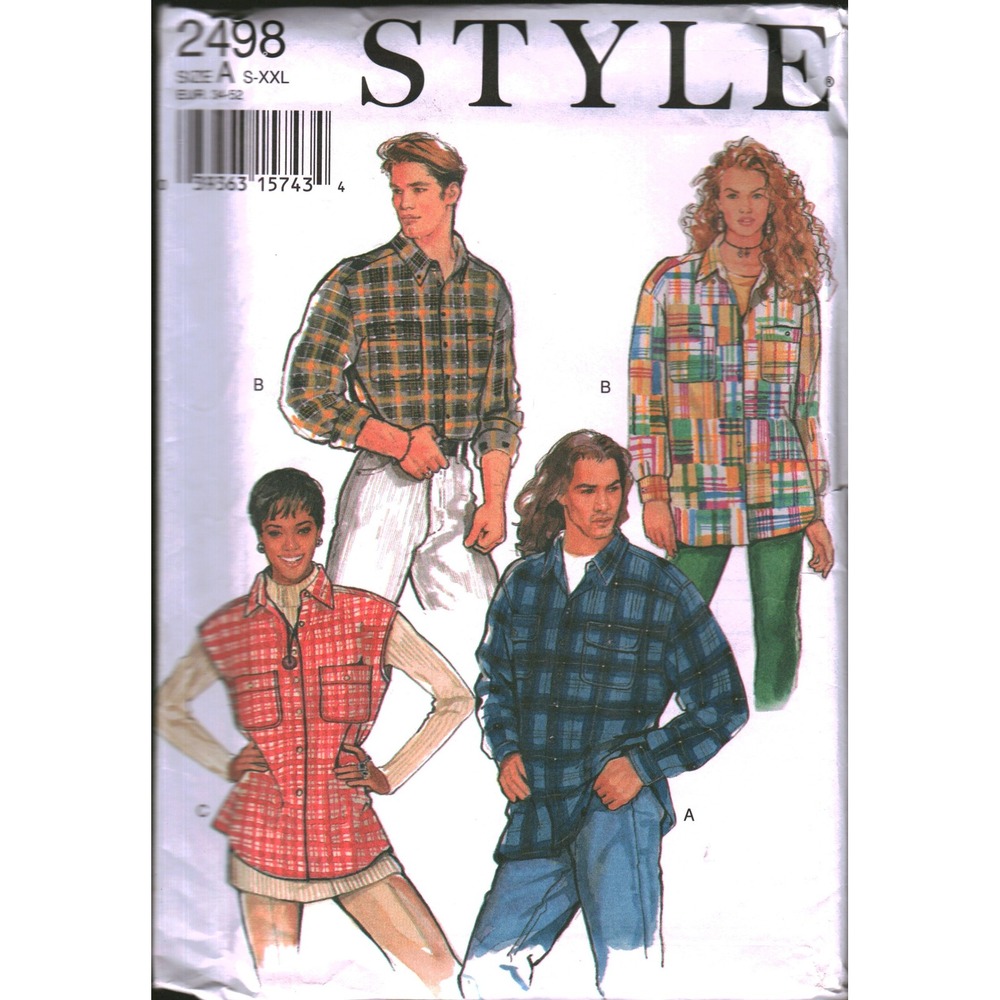 Style 2498 Sewing Pattern Unisex Button Down Shirt Vest Size S-XXL Plaid Flannel